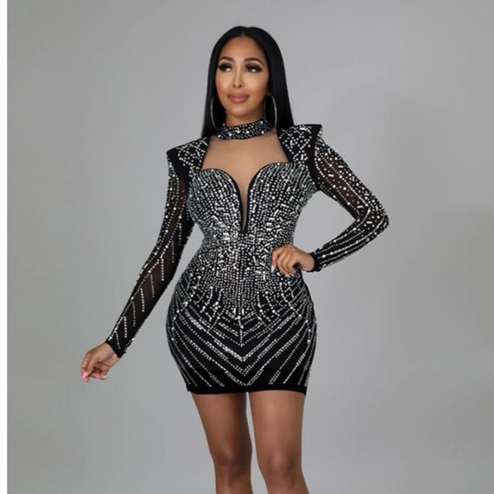 Rheinstone Paded Shoulder Mini Dresses